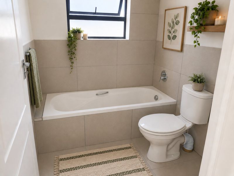 A clean and modern bathroom featuring a built-in bathtub, a standard toilet, and neutral wall and floor tiling with a top-hung window.