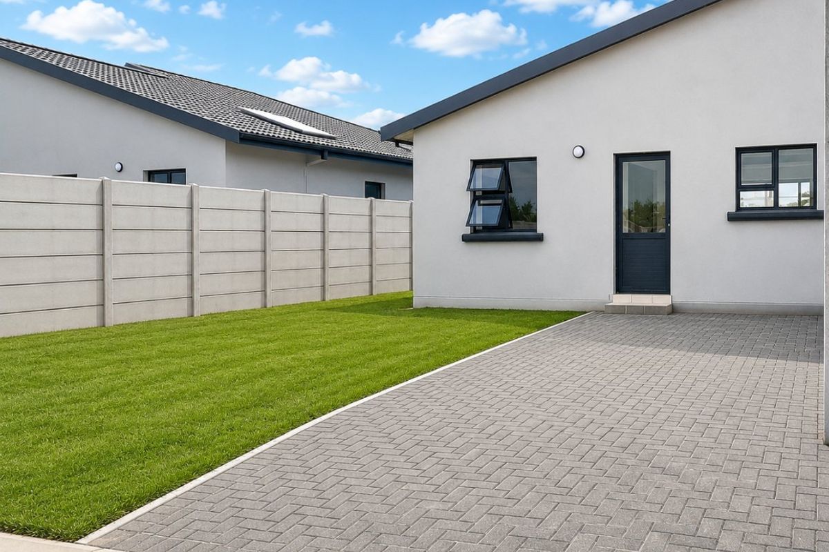 A well-maintained rear exterior view featuring a paved driveway, a neat lawn, and a secure precast concrete boundary wall.