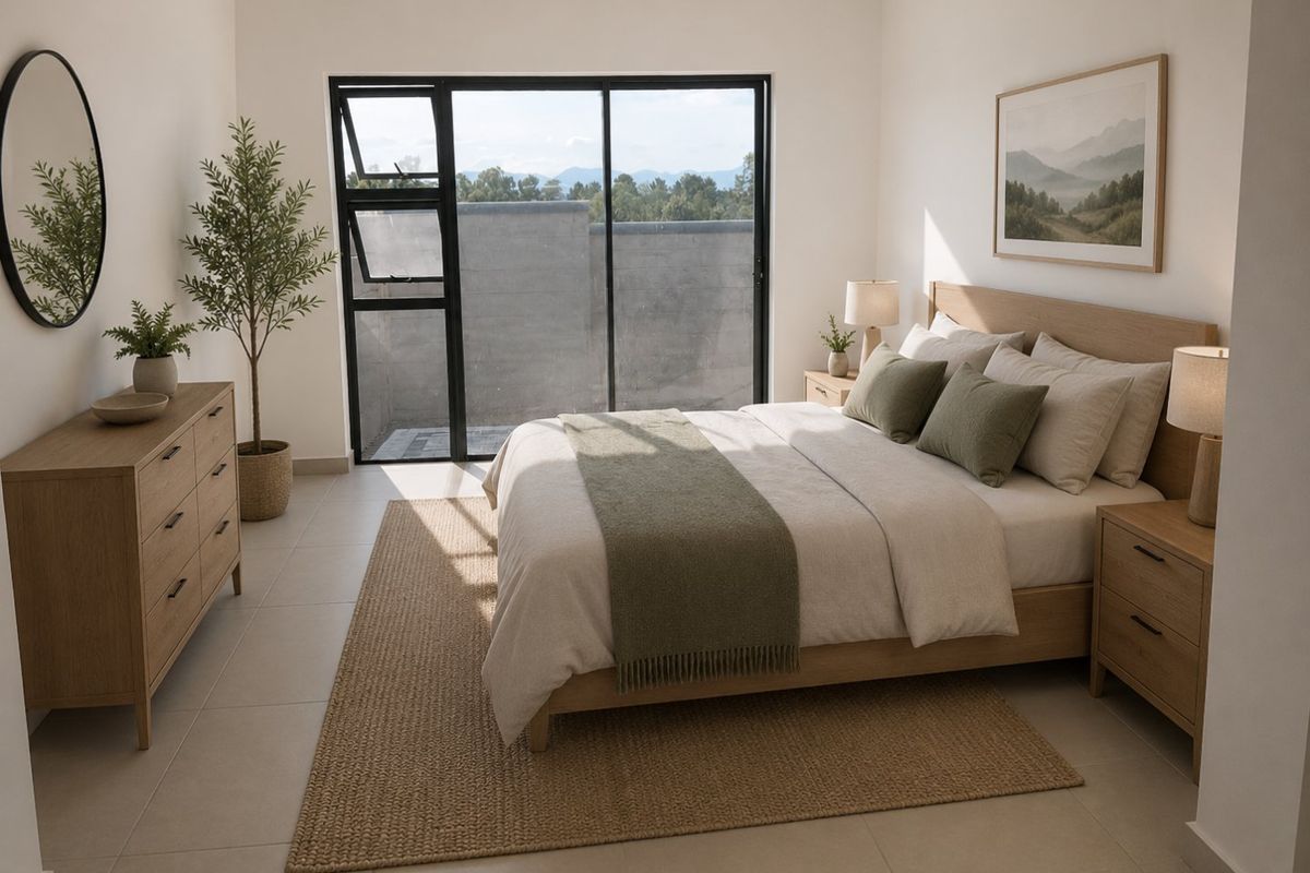 A bright and modern bedroom featuring neutral tones, tiled flooring, and a large black aluminium sliding door leading to an outdoor area.