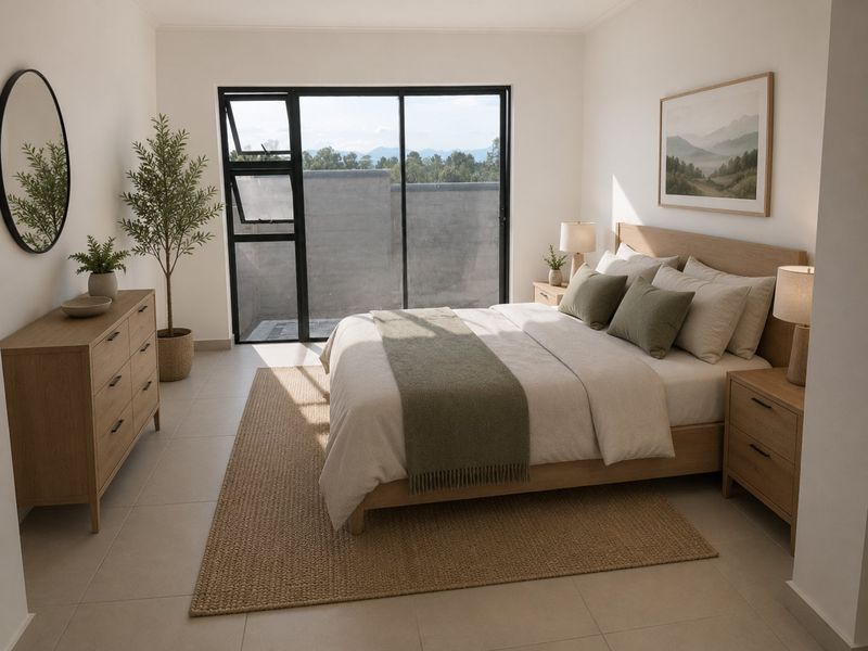 A bright and modern bedroom featuring neutral tones, tiled flooring, and a large black aluminium sliding door leading to an outdoor area.