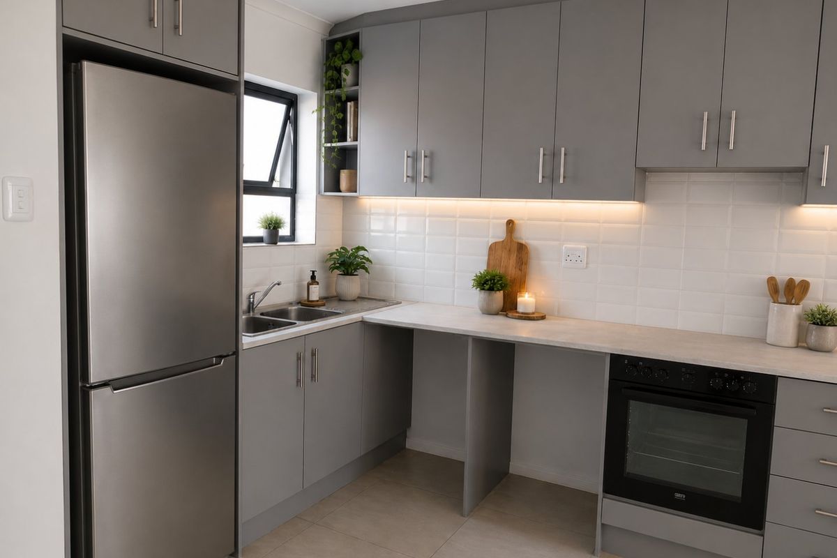 Modern kitchen featuring grey cabinetry, subway tile backsplash, under-cabinet lighting, built-in oven, and stainless steel sink with tiled flooring.
