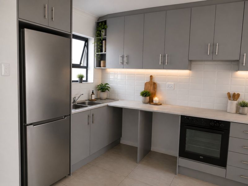 Modern kitchen featuring grey cabinetry, subway tile backsplash, under-cabinet lighting, built-in oven, and stainless steel sink with tiled flooring.