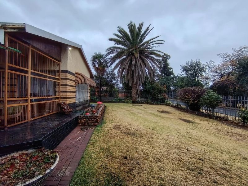 A rear garden view featuring a lawn, mature palm tree, and an enclosed patio area with brick paving and stone-clad planter.