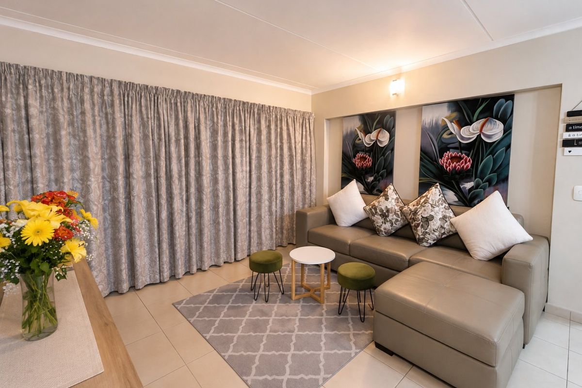 A well-maintained living room featuring neutral tiled flooring and a wall-mounted light fixture, creating a comfortable and inviting space.