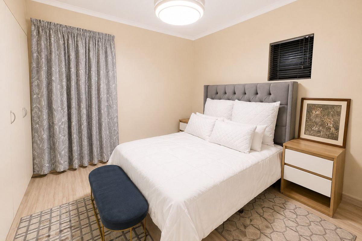 A well-maintained bedroom featuring laminate flooring, built-in cupboards, and a neutral color palette, providing a comfortable and functional living space.
