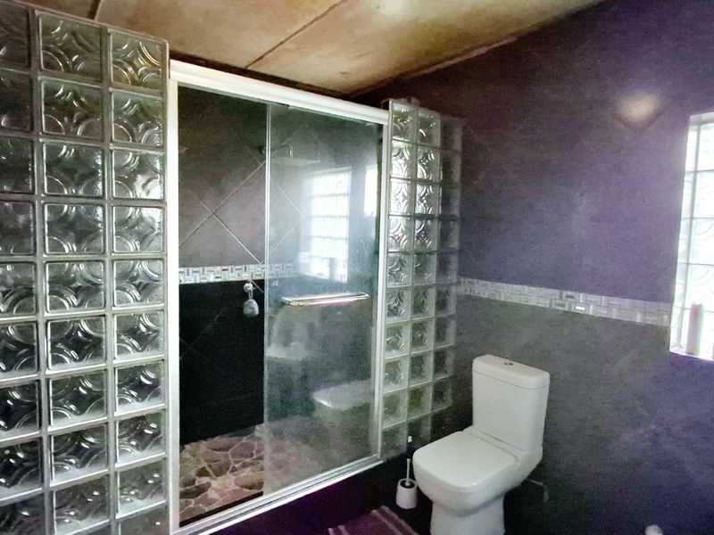Bathroom featuring a walk-in shower with glass block partitions, tiled walls, and a standard toilet. The ceiling shows signs of significant staining.