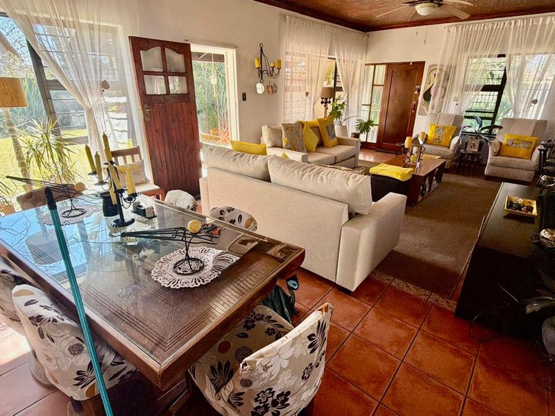 Spacious open-plan living and dining area featuring terracotta floor tiles, a timber ceiling with a fan, and large windows providing natural light.