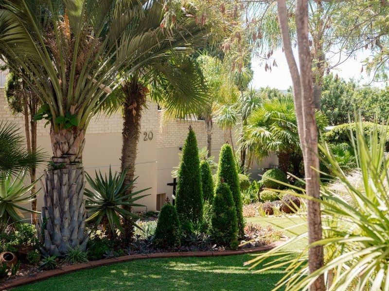 A well-maintained landscaped garden featuring mature palm trees, manicured topiary shrubs, and neat brick edging against a residential building facade.
