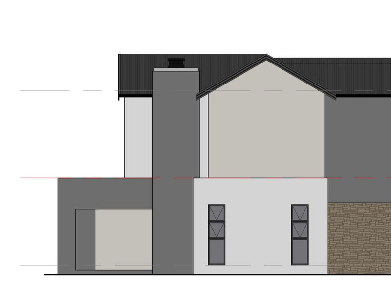 Architectural elevation drawing showing the side profile of a modern house with stone cladding, chimney, and pitched roof design.