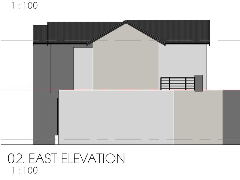 Architectural drawing showing the east elevation of the property, detailing the roof structure and building facade.