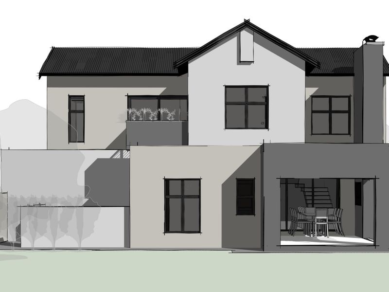 Architectural rendering of a modern two-story residential home featuring a rear covered patio, balcony, and pitched roof design.