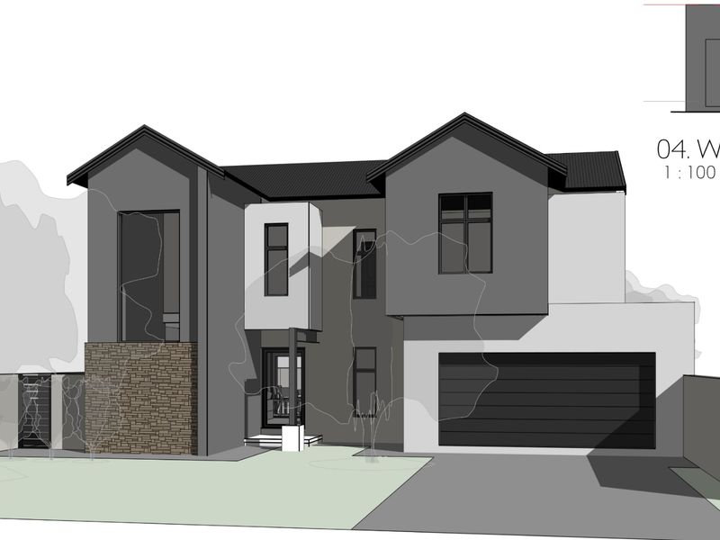 Architectural west elevation rendering of a modern double-storey house featuring stone cladding and a double garage.