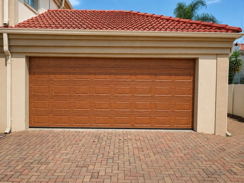 A well-maintained townhouse garage featuring a wood-look sectional door, terracotta tiled roof, and a neat brick-paved driveway.