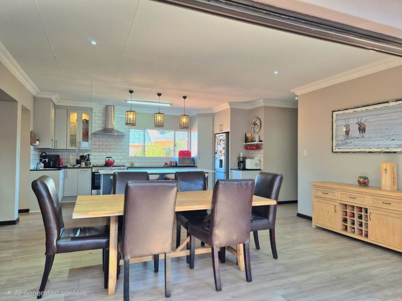 An open-plan living and dining area featuring a modern kitchen with subway tile backsplash, built-in cabinetry, and a central island.