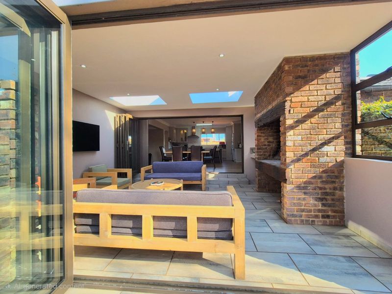 Covered patio featuring a built-in brick fireplace, tiled flooring, and skylights, seamlessly connecting to the interior living space through large stacking doors.
