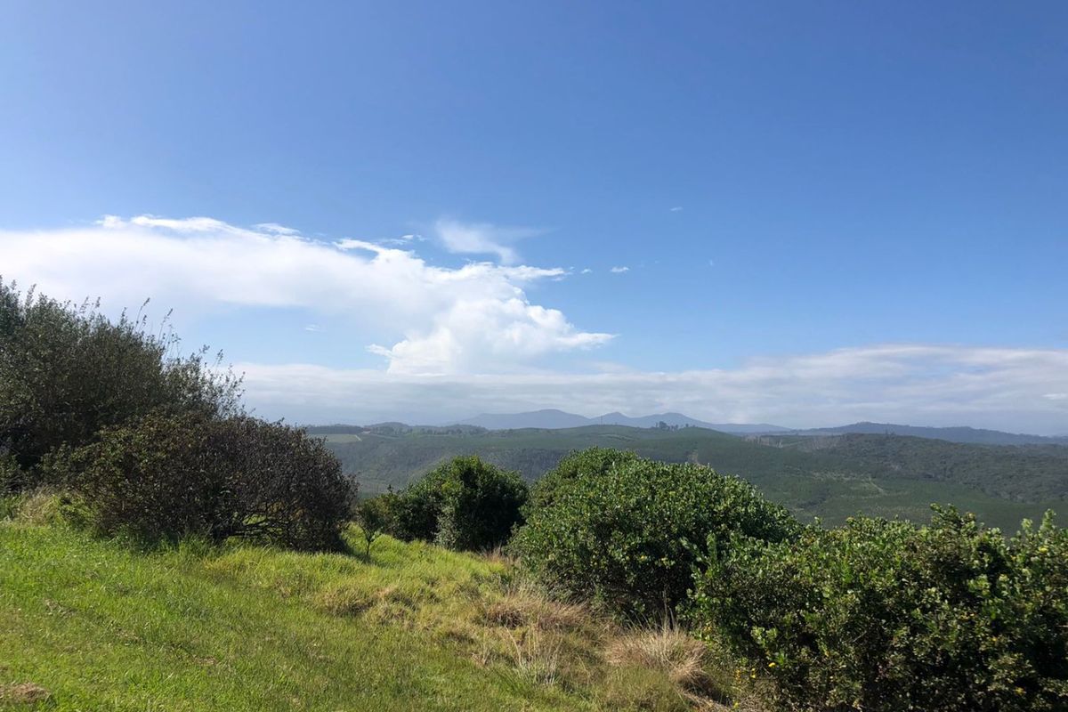 A scenic landscape view featuring rolling green hills and distant mountains under a clear blue sky.