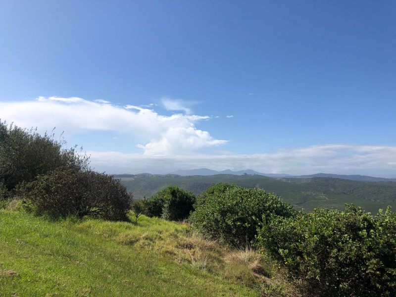 A scenic landscape view featuring rolling green hills and distant mountains under a clear blue sky.