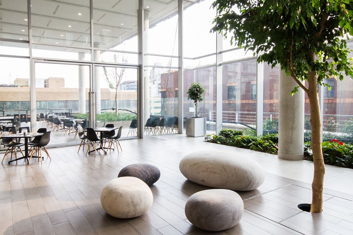 Modern open-plan commercial space featuring floor-to-ceiling glass walls, tiled flooring, concrete columns, and an integrated indoor garden area with seamless outdoor access.
