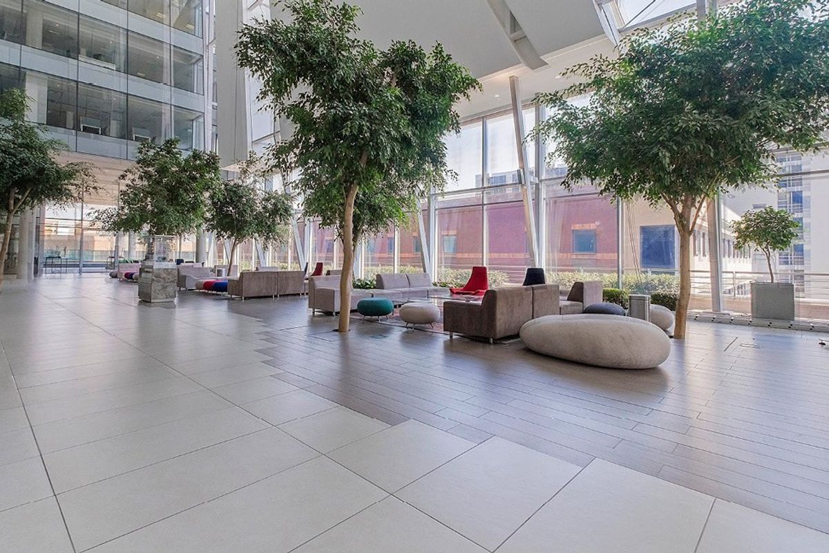 Spacious commercial atrium featuring high ceilings, extensive glass curtain walls, indoor trees, and modern porcelain tile flooring in a bright, professional lobby setting.