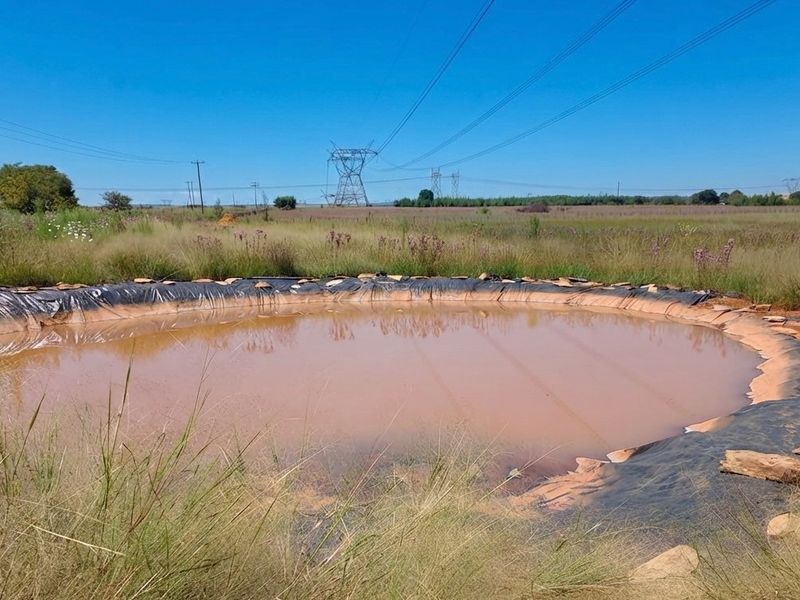 An earthen farm reservoir or dam featuring a synthetic liner, situated in an open field with overhead power lines in the background.