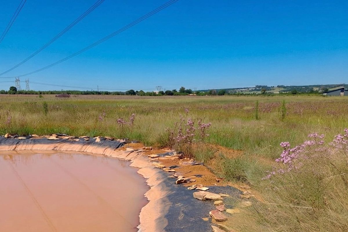 A wide view of the farm landscape featuring an earthen dam with exposed liner and overhead power lines crossing the open field.