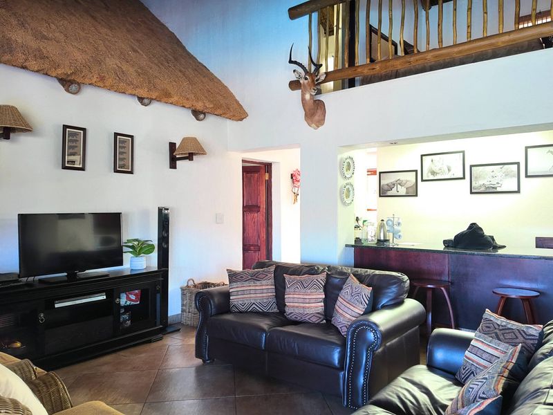 Open plan living area featuring a unique thatched ceiling, mezzanine level with wooden balustrade, and a built-in breakfast bar with tiled flooring.