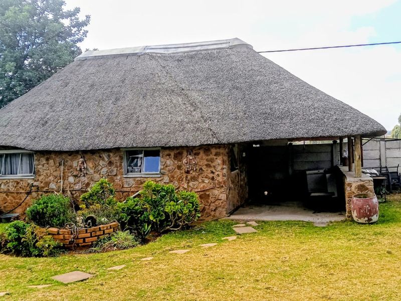 Rear view of a rustic farmhouse featuring traditional thatch roofing, stone-clad exterior walls, and a covered patio area set within a garden.