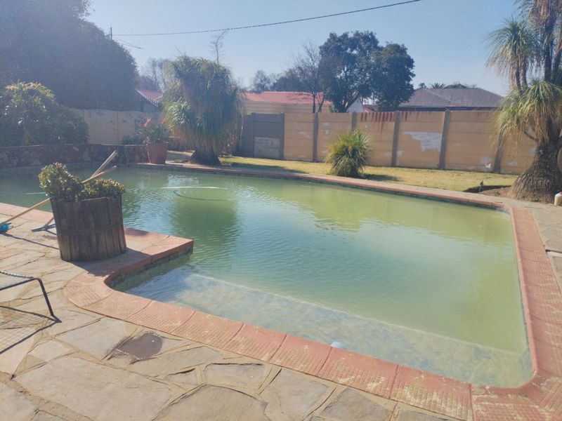Outdoor swimming pool area featuring stone paving and a perimeter boundary wall, requiring maintenance to the pool water and wall finishes.