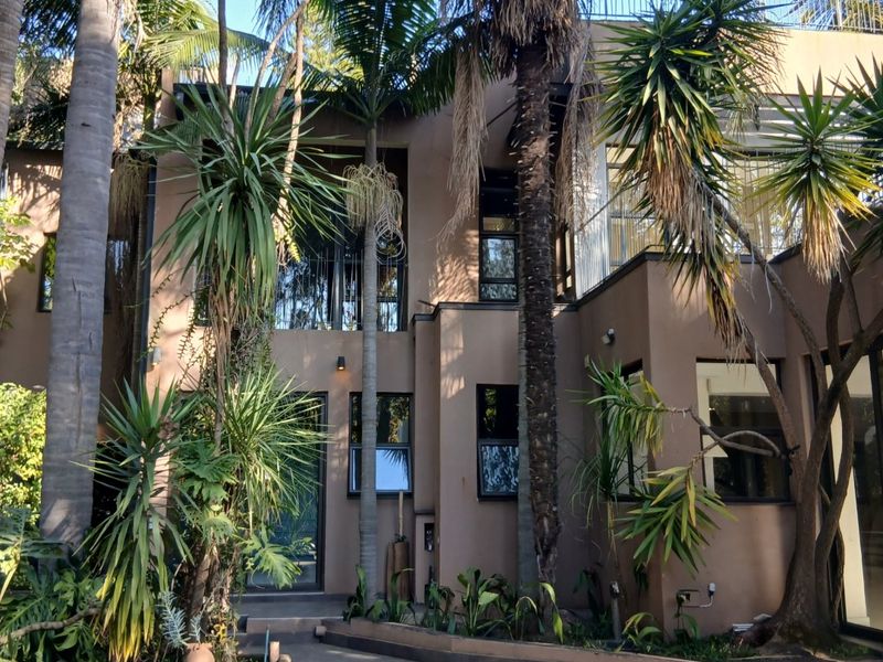Rear exterior view of a multi-story house featuring a swimming pool, tiled patio area, and established garden landscaping.