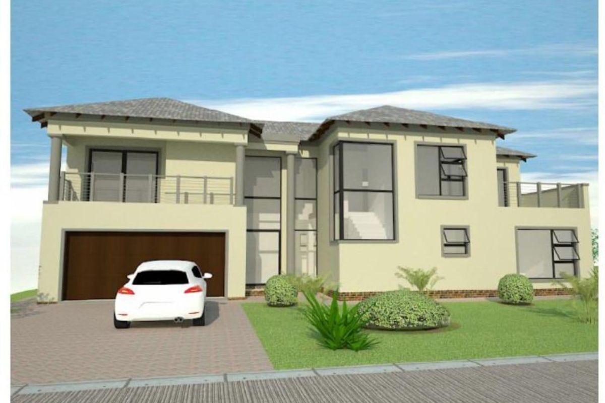 A digital architectural rendering of a modern two-story residential property featuring a double garage, balcony, and landscaped front garden.