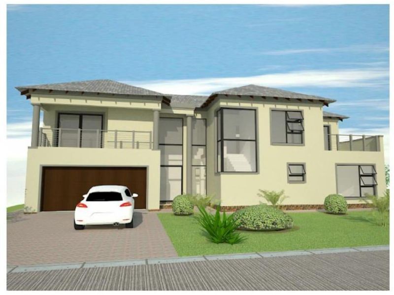 A digital architectural rendering of a modern two-story residential property featuring a double garage, balcony, and landscaped front garden.