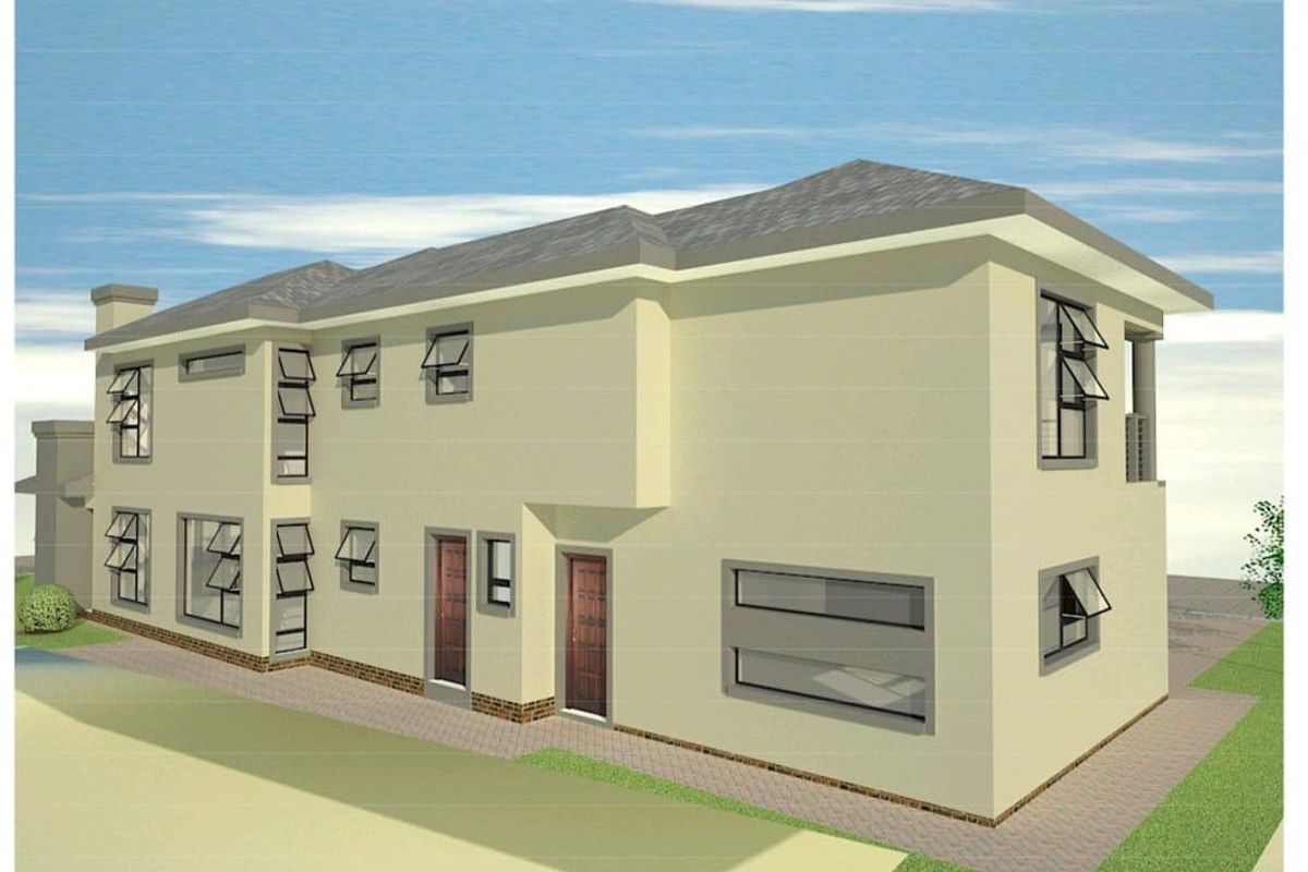 A 3D architectural render of a two-story residential building featuring a neutral facade, multiple casement windows, and a paved perimeter walkway.