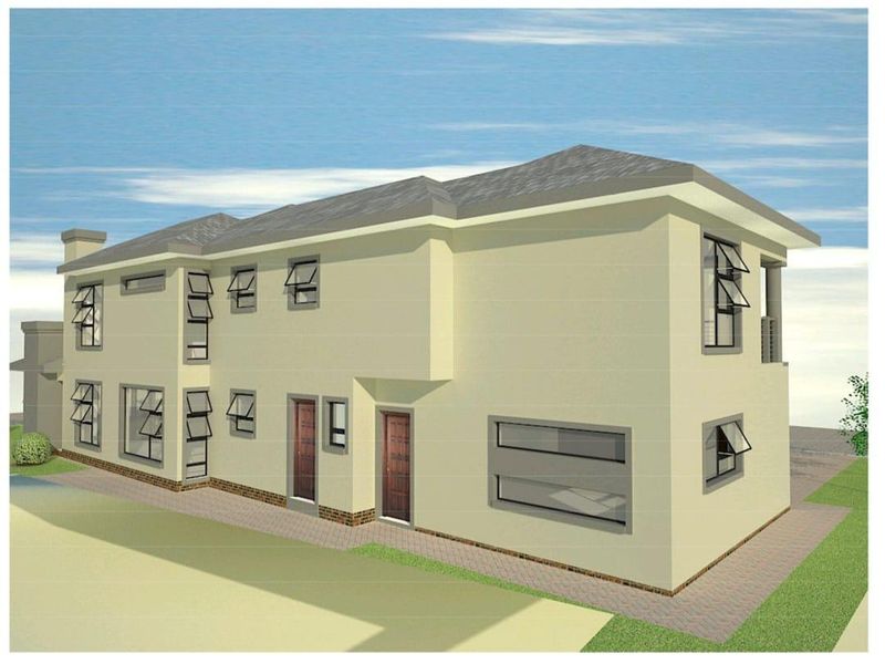 A 3D architectural render of a two-story residential building featuring a neutral facade, multiple casement windows, and a paved perimeter walkway.