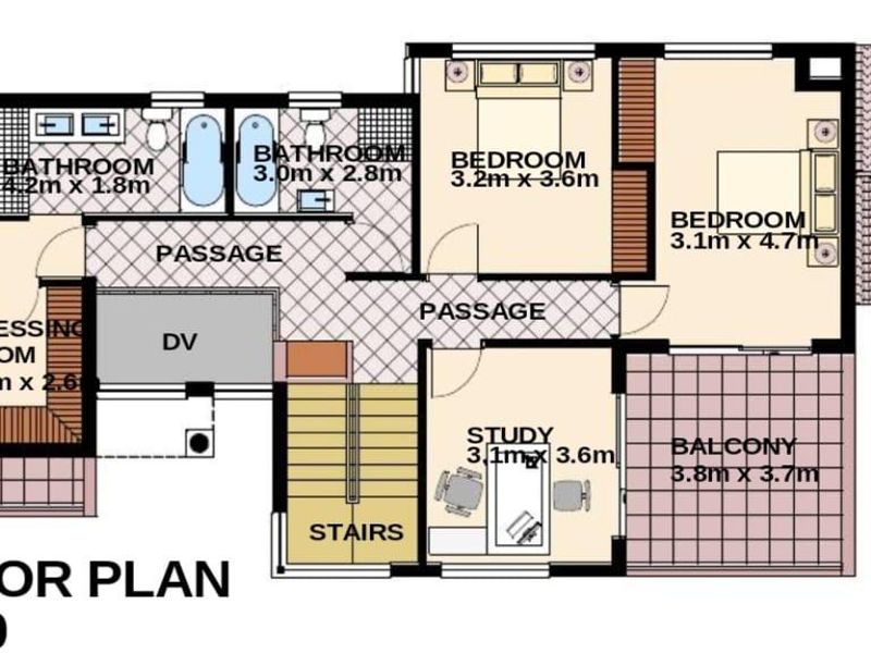 A detailed first-floor architectural plan showing the layout of bedrooms, bathrooms, a study, and balconies.