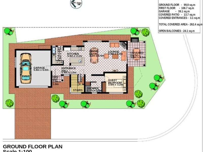 A detailed ground floor architectural plan showing the layout of the garage, kitchen, living areas, guest bedroom, and covered patio.