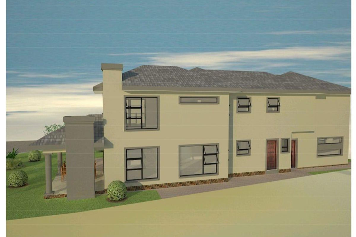A 3D architectural render showing the rear elevation of a residential property featuring a covered patio, chimney, and tiled roof.