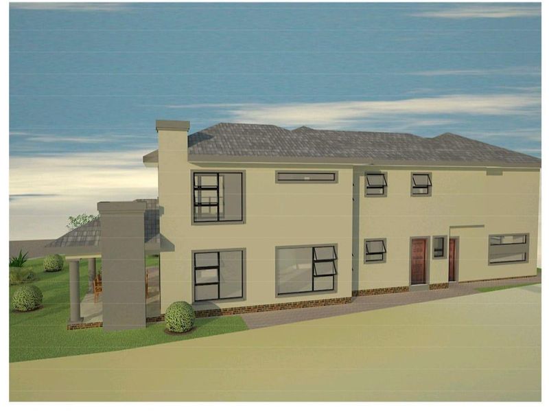 A 3D architectural render showing the rear elevation of a residential property featuring a covered patio, chimney, and tiled roof.
