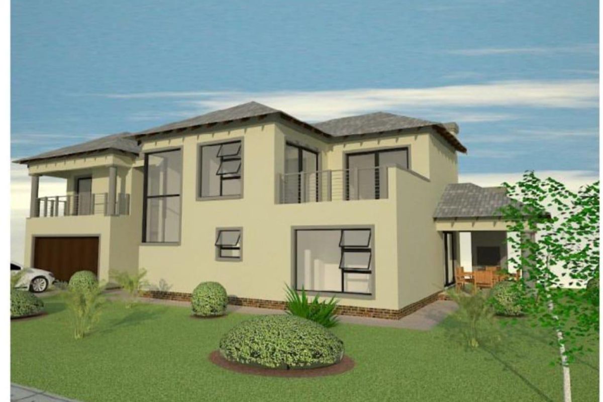 A digital architectural rendering of a modern two-story residential property featuring a tiled roof, attached garage, balcony, and a landscaped front garden.