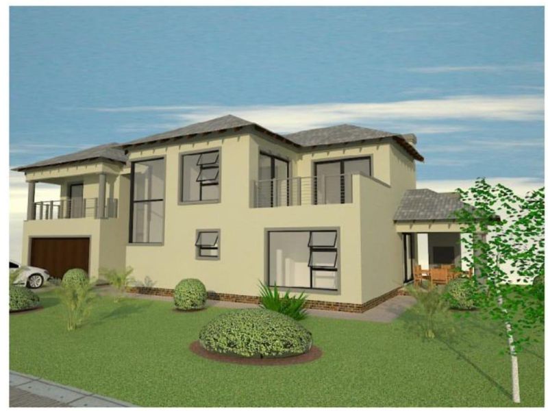 A digital architectural rendering of a modern two-story residential property featuring a tiled roof, attached garage, balcony, and a landscaped front garden.