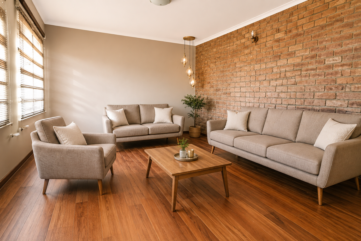A well-lit living room featuring a warm exposed brick accent wall, rich laminate wood flooring, and modern pendant lighting.