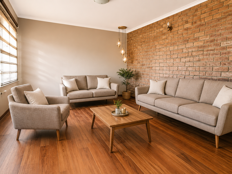 A well-lit living room featuring a warm exposed brick accent wall, rich laminate wood flooring, and modern pendant lighting.
