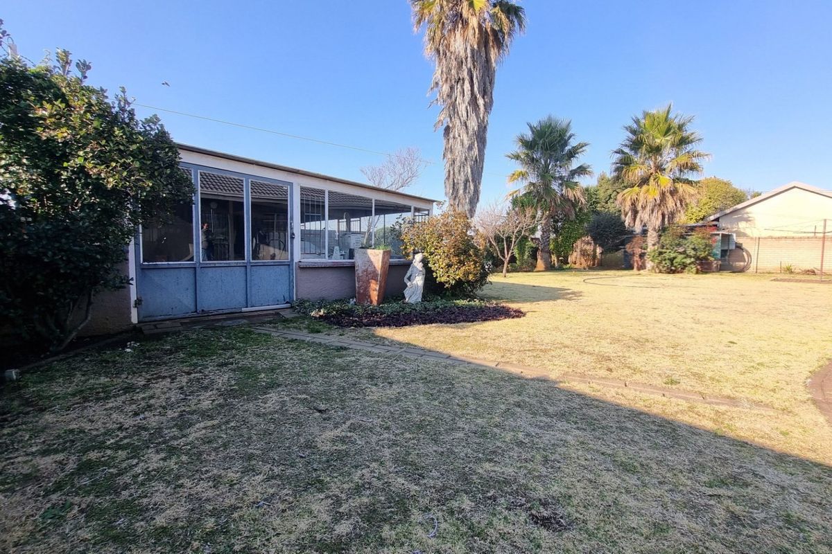 Spacious rear garden featuring a large lawn, mature palm trees, and an enclosed patio area with brick boundary walls.