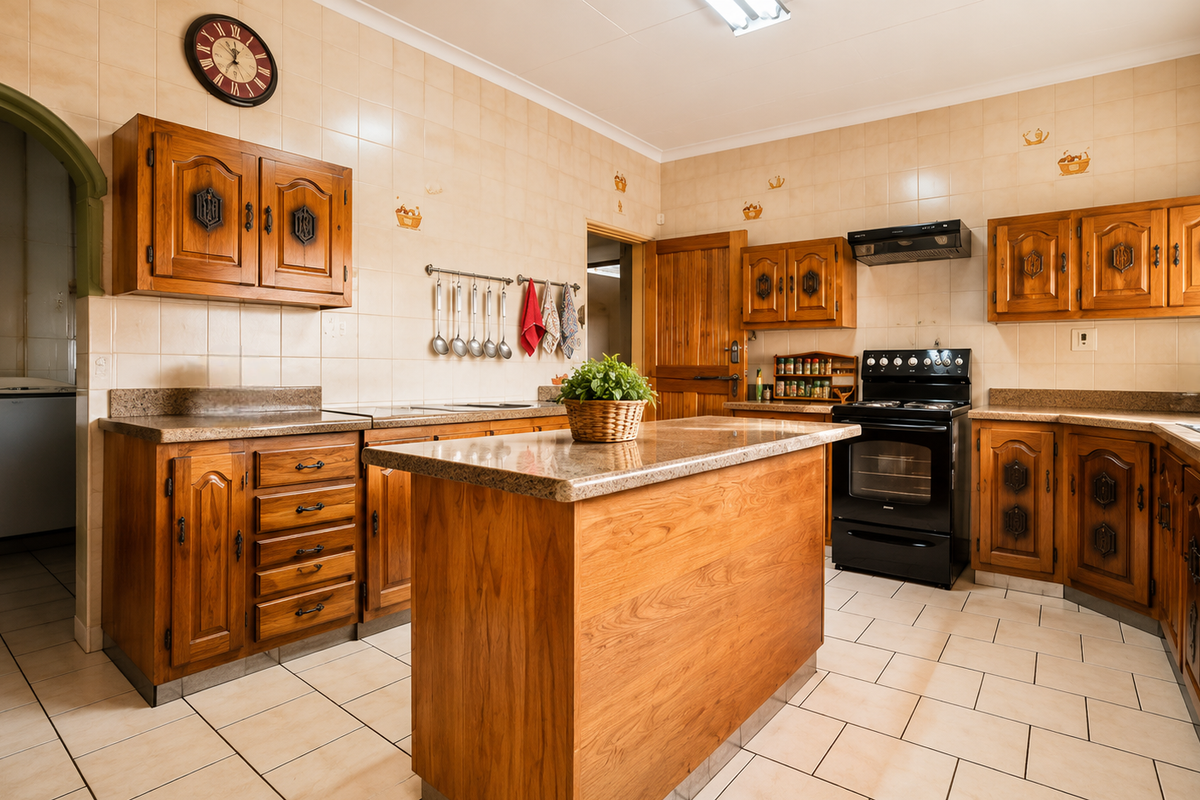 A traditional kitchen featuring wooden cabinetry, granite countertops, a central island, and tiled finishes, offering a functional layout with classic design elements.