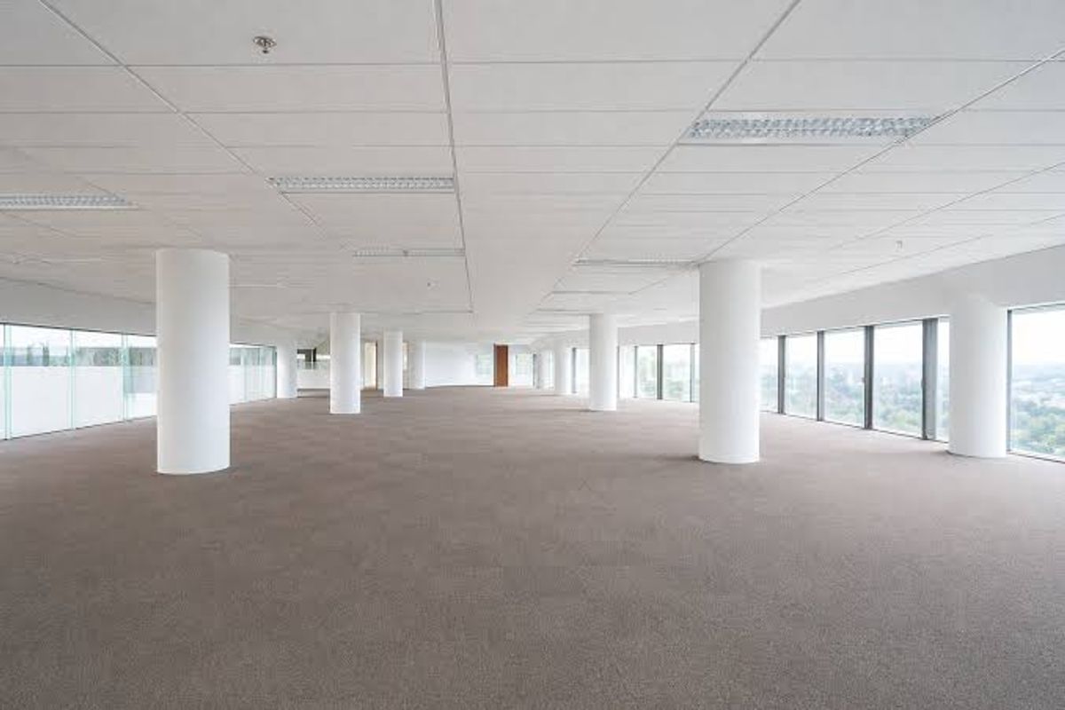 A spacious, open-plan commercial office area featuring large windows, structural columns, suspended ceilings, and neutral carpet tiles, offering a bright and versatile workspace.