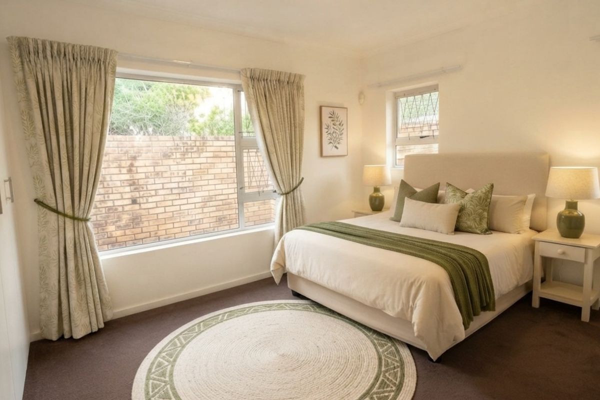 A well-maintained bedroom featuring neutral tones, carpeted flooring, built-in wardrobe storage, and large windows allowing for natural light.
