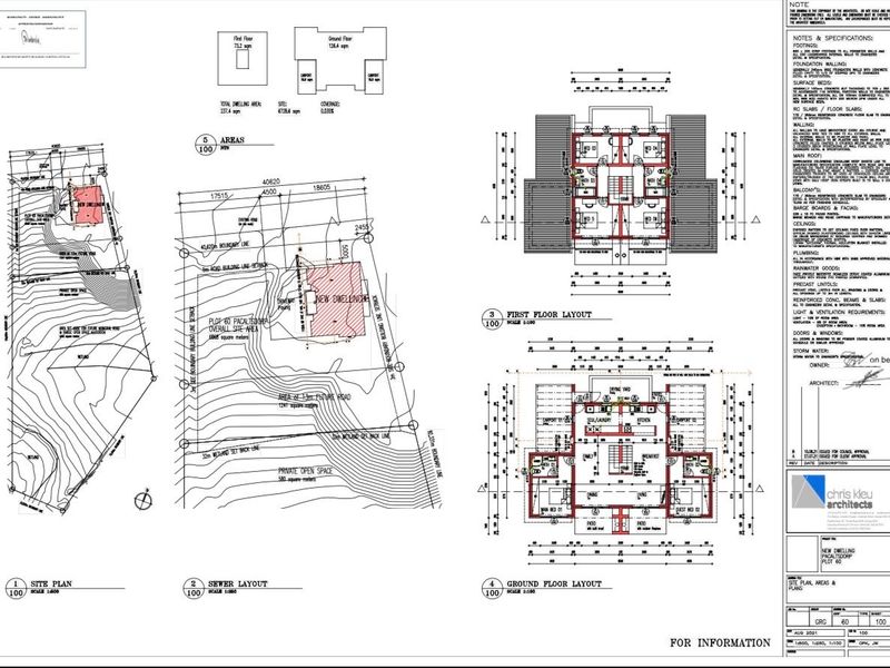 Architectural site plan and floor layout diagrams for a proposed residential dwelling, including site specifications and building dimensions.