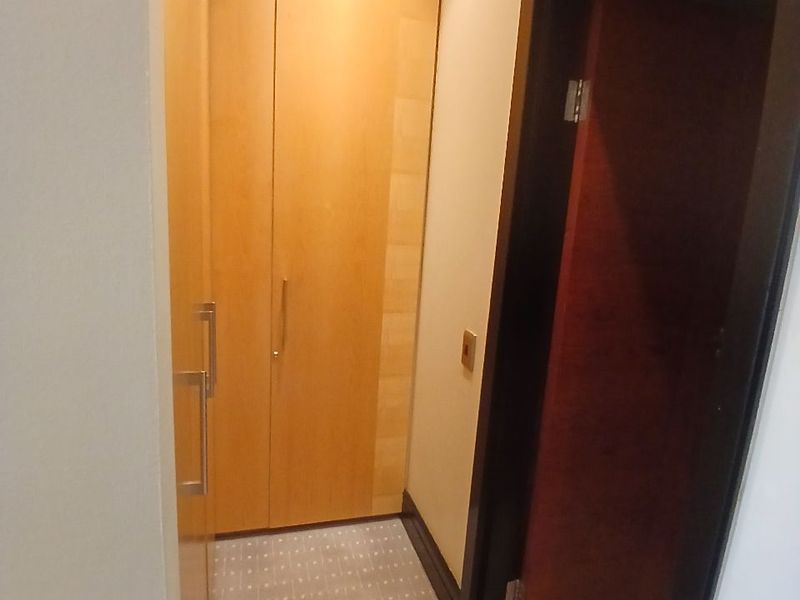 A clean hallway featuring built-in wooden cabinetry and recessed lighting, providing efficient storage space within the apartment.