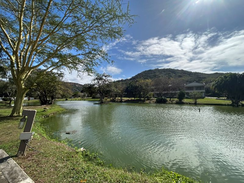 A scenic view of a tranquil lake surrounded by landscaped grounds and mature trees within the estate.