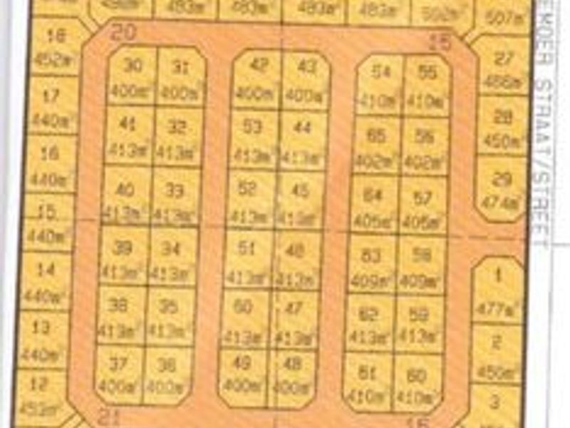 A site layout plan showing the subdivision of residential land plots with individual square meter measurements.