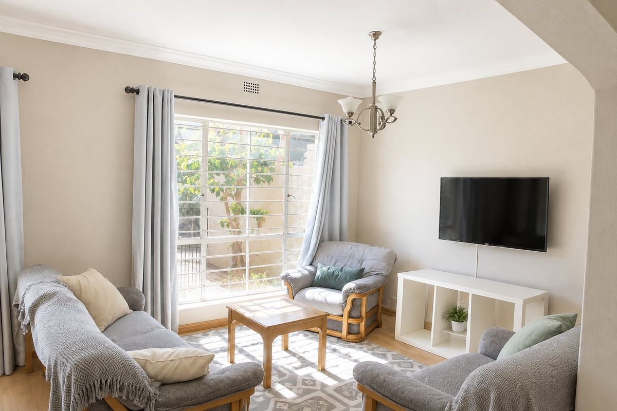 A bright and comfortable living room featuring laminate flooring, a large window with security bars, and a classic chandelier.